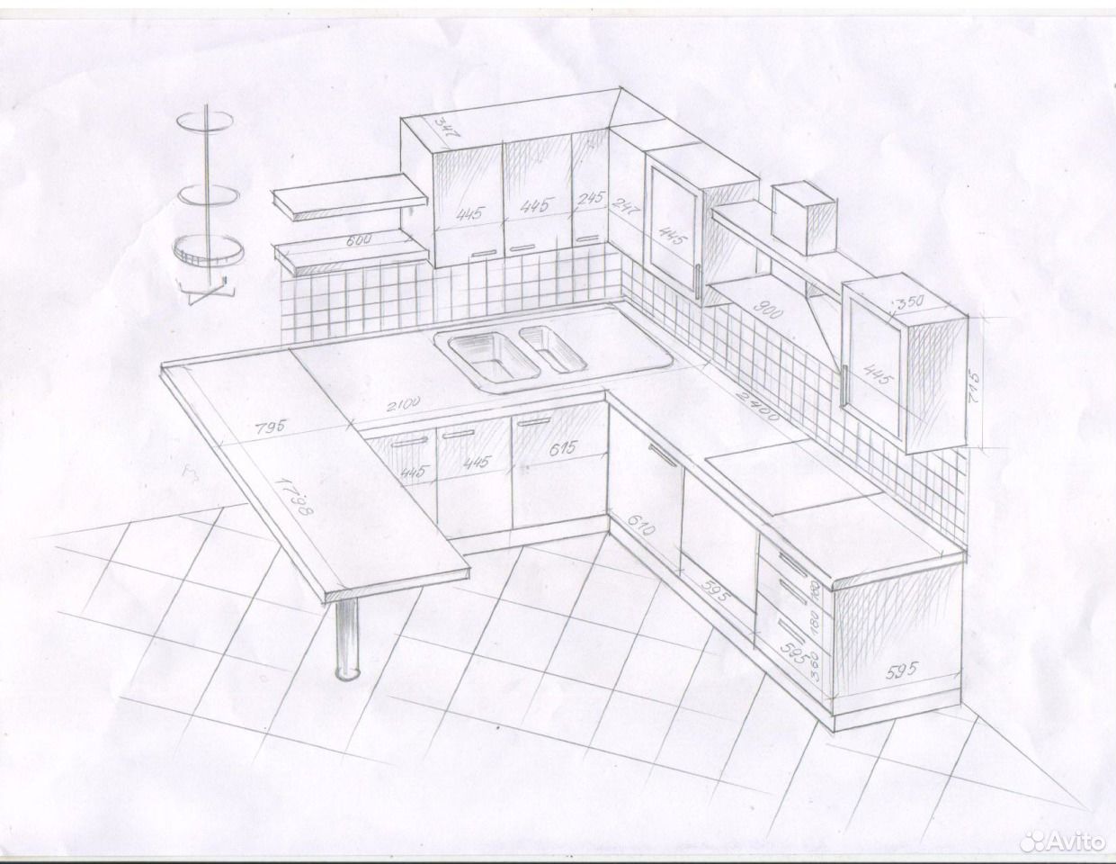 эскиз угловой кухни карандашом