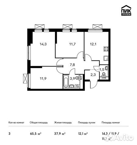 3-к квартира, 65.5 м², 32/33 эт.