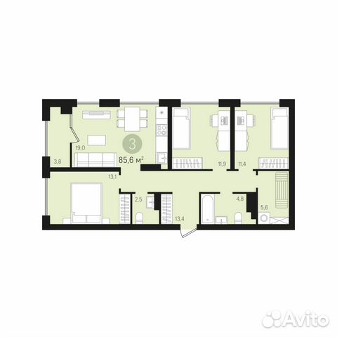 3-к квартира, 85.6 м², 3/8 эт.