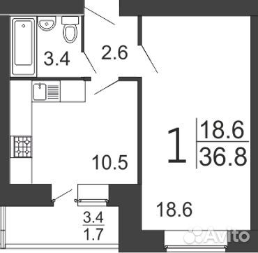 1-к квартира, 36.8 м², 10/10 эт.