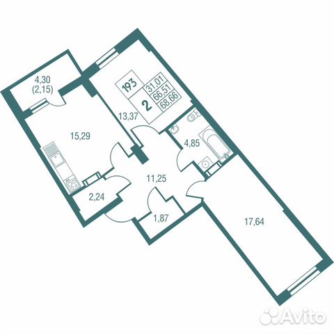 2-к квартира, 68.7 м², 14/25 эт.