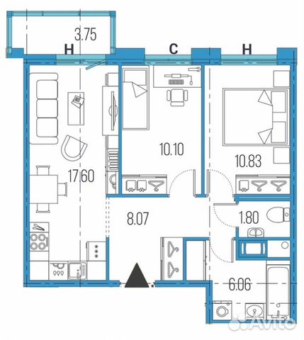 2-к квартира, 54.5 м², 4/22 эт.