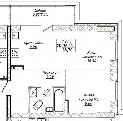 2-к квартира, 38.7 м², 12/16 эт.