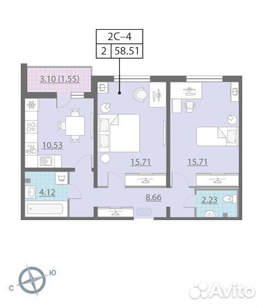 2-к квартира, 58.5 м², 2/25 эт.
