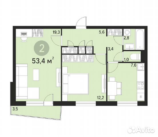 2-к квартира, 53.4 м², 4/9 эт. 2-к квартира, 53.4 м², 4/9 эт.