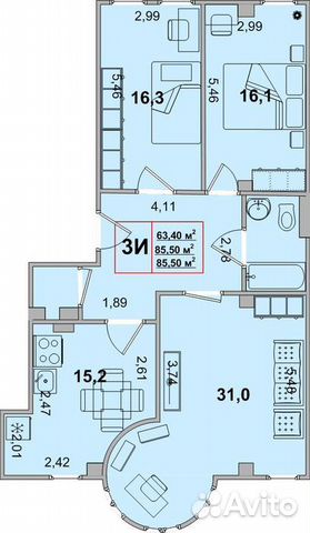 3-к квартира, 85.5 м², 9/9 эт. 3-к квартира, 85.5 м², 9/9 эт.