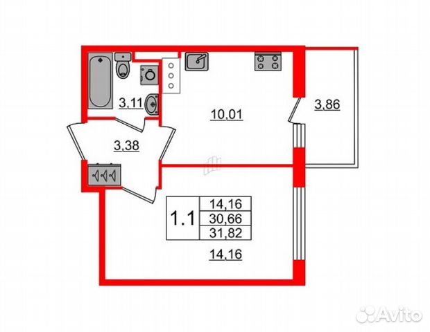 1-к квартира, 31.8 м², 10/14 эт.