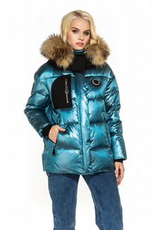 Блестящий пуховик с мехом 021-105 р.46 новый