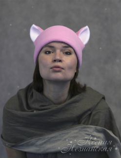 Шапка с ушами, котошапка, розовая с белыми ушами