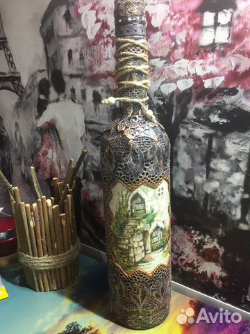 Бутылка интерьерная декупаж
