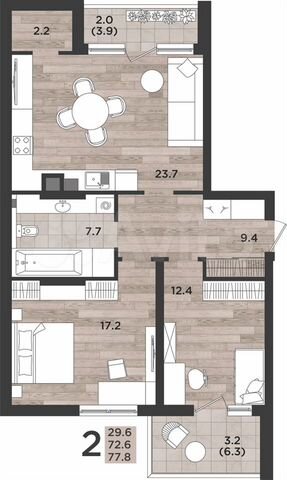 2-к. квартира, 77,8 м², 1/12 эт.