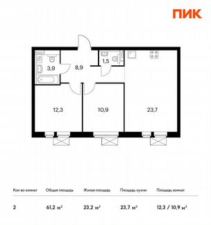 2-к квартира, 61.2 м², 7/33 эт.