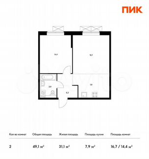 2-к квартира, 49.1 м², 14/17 эт.