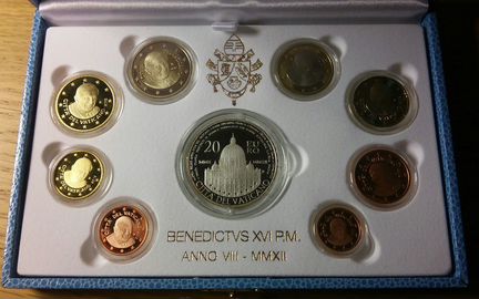 Набор евро Ватикан 2012 Proof сертификат, серебро