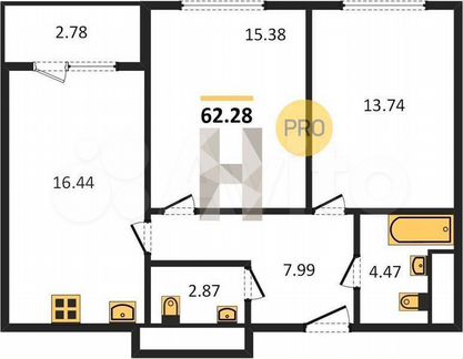 2-к квартира, 62.3 м², 22/28 эт.