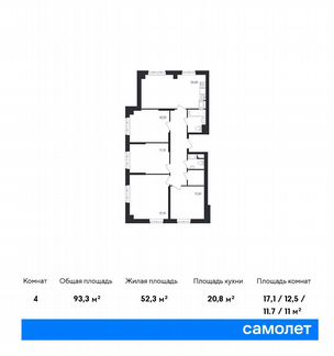 4-к квартира, 93.3 м², 3/23 эт.